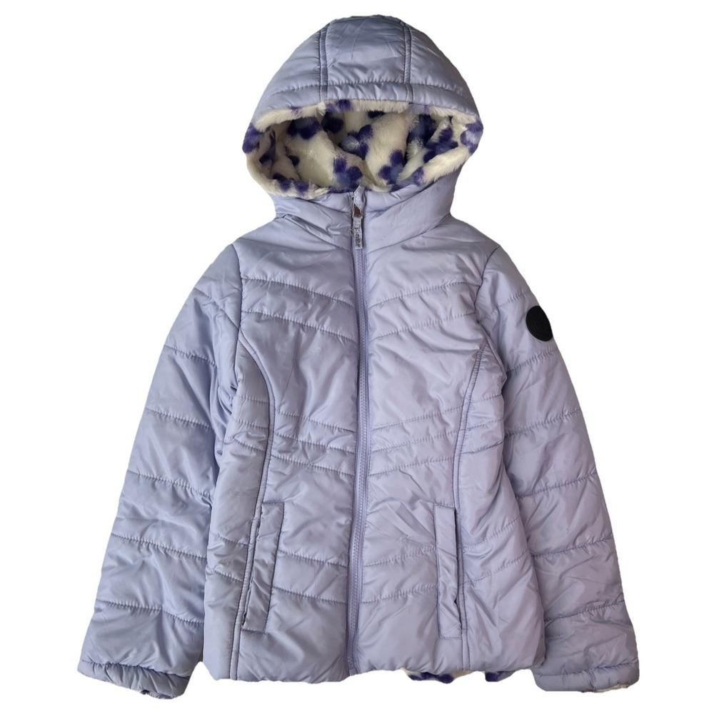 Steve Madden Girls 7/8 Purple Reversible Puffer Jacket Faux Fur Hood Floral